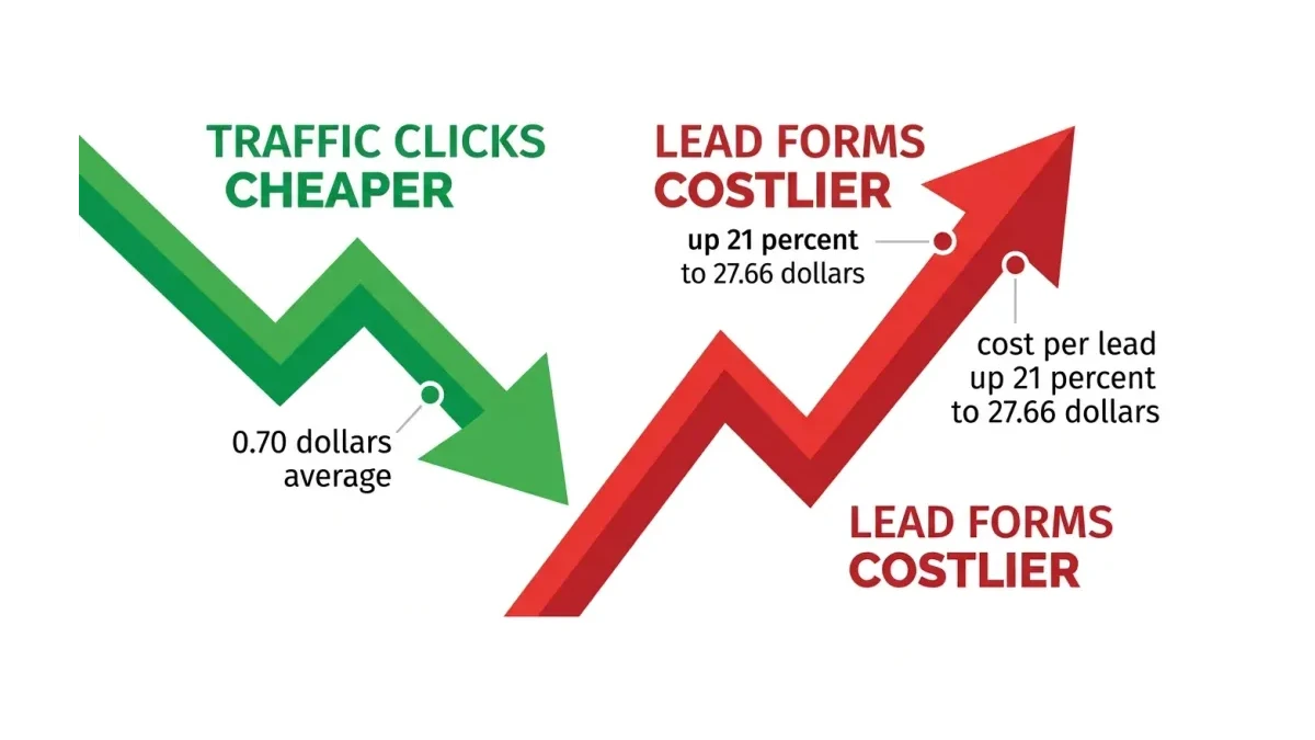 Infographic: Two trend lines showing Facebook traffic clicks getting cheaper while lead form costs rise.