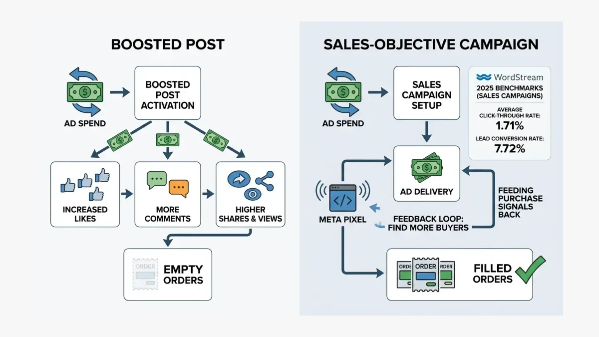 Infographic: A boosted post versus a Sales-objective campaign — the boost path buys engagement, the Sales path tracks orders
