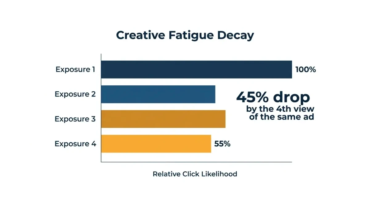 Infographic: Click likelihood falls about 45 percent by the fourth exposure to the same Facebook ad creative.