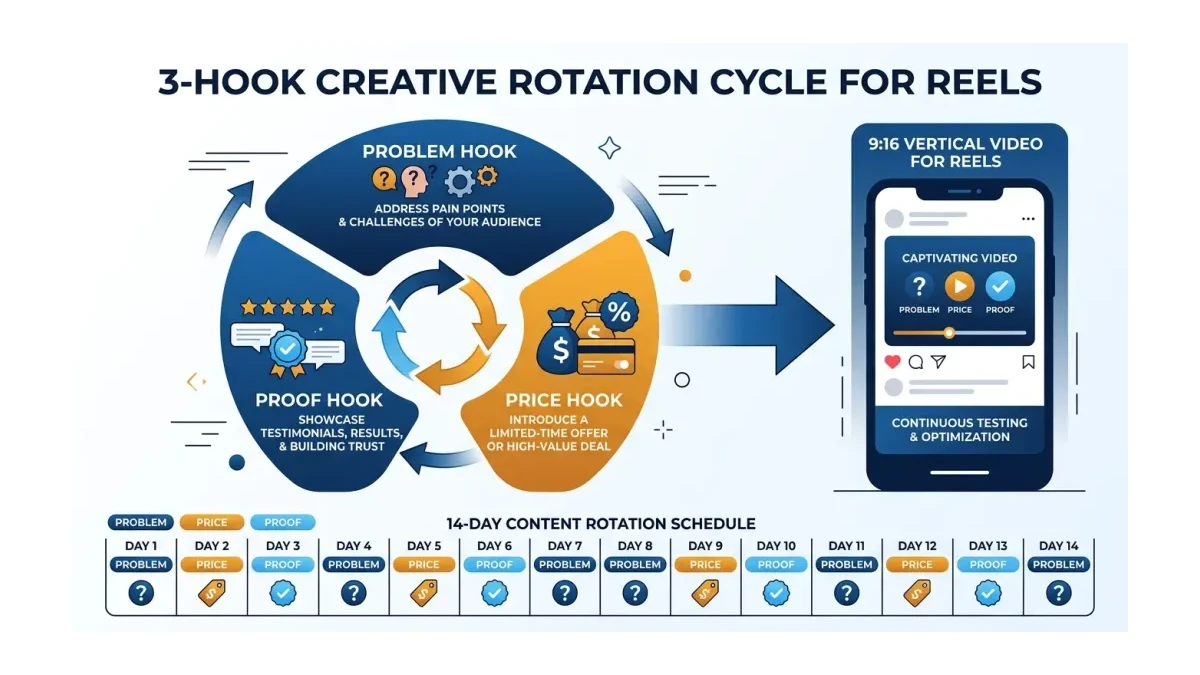 Infographic: A three-hook creative rotation using problem, price, and proof hooks feeding into vertical video for Reels.