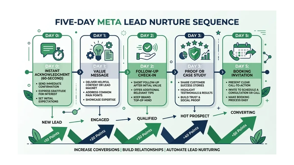 Infographic: Five-day Meta lead nurture sequence, showing acknowledgment, value, proof, and booking touchpoints