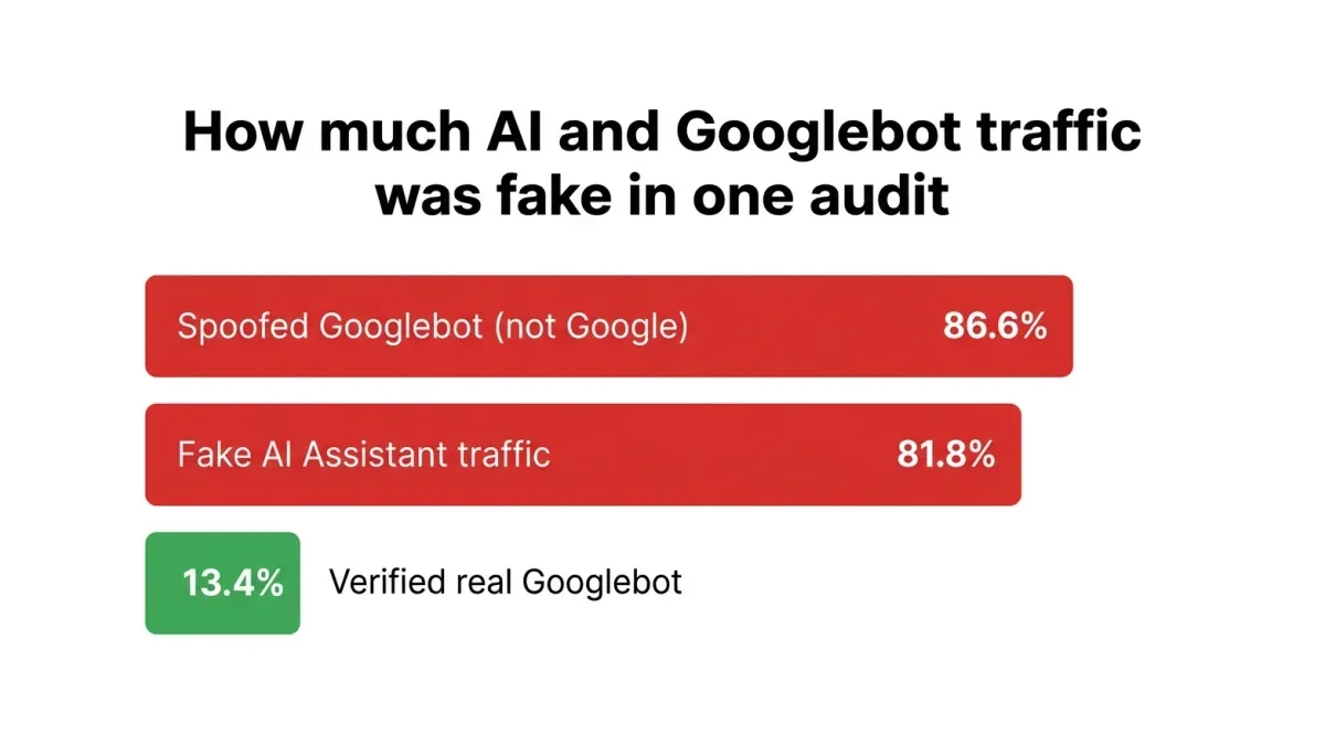 Infographic: Infographic-style horizontal bar chart titled 'How much AI and Googlebot traffic was fake in one audit'. Three bars: 'Sp