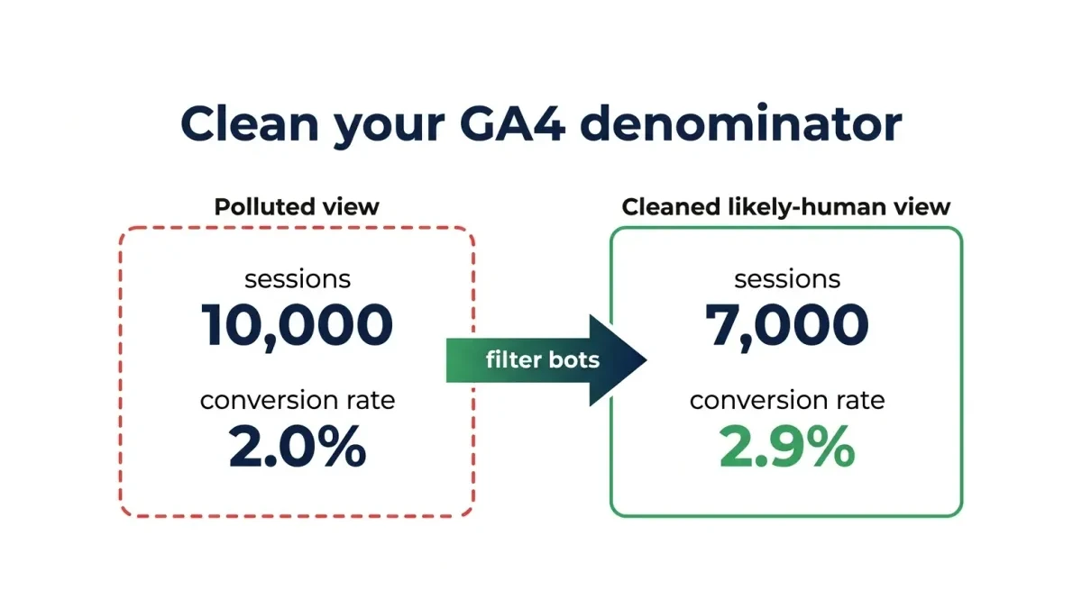 Infographic: Infographic-style split panel titled 'Clean your GA4 denominator'. Left side 'Polluted view': sessions 10,000, conversio