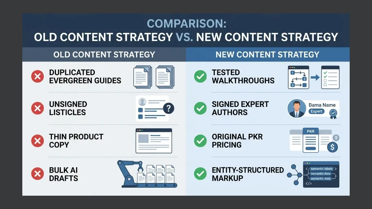 Infographic: Old content strategy versus new content strategy, comparing duplicated evergreen guides with experience-led entity-structured content