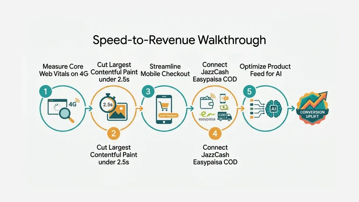 Infographic: the speed-to-revenue walkthrough for Pakistani ecommerce, from measuring Core Web Vitals to a faster mobile checkout and an AI-readable product feed