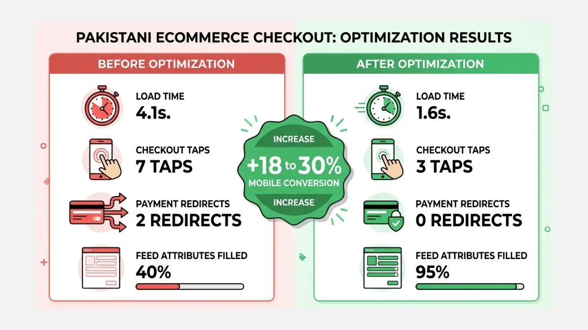 Infographic: before and after comparison of a Pakistani store's checkout, showing load time, checkout steps, payment taps, and conversion lift