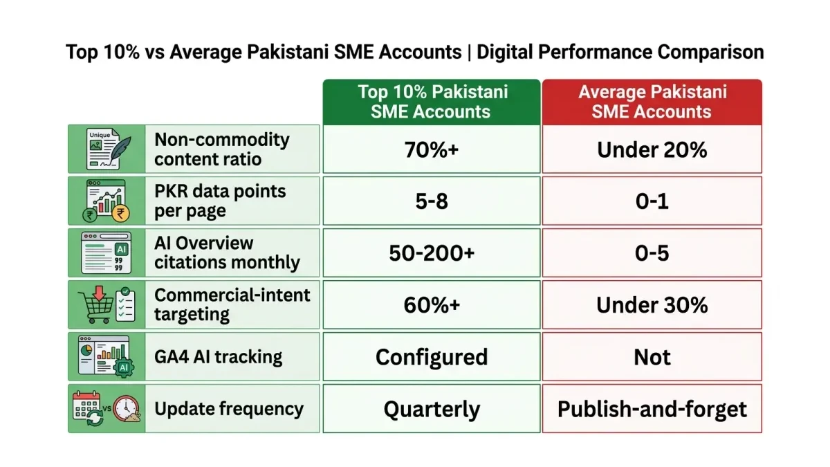 Infographic: Infographic showing Top 10% vs Average Pakistani SME accounts comparison table with six metrics: Non-commodity content r