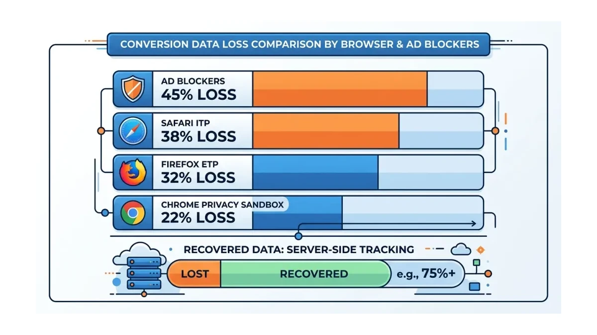 Infographic: Infographic showing conversion data loss comparison by browser: Safari ITP 38% loss, Firefox ETP 32% loss, Chrome Privac