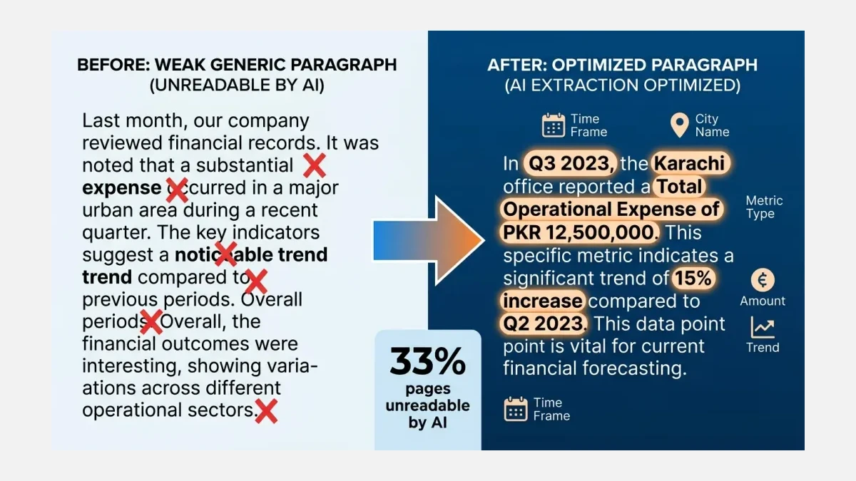 Infographic: Before and after paragraph structure for AI extraction