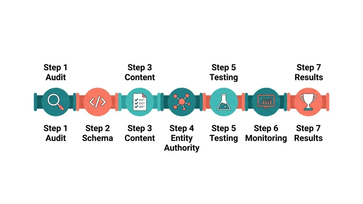 Infographic: AEO setup process flow showing 7 steps from audit through monitoring with schema, content, entity, and testing stages
