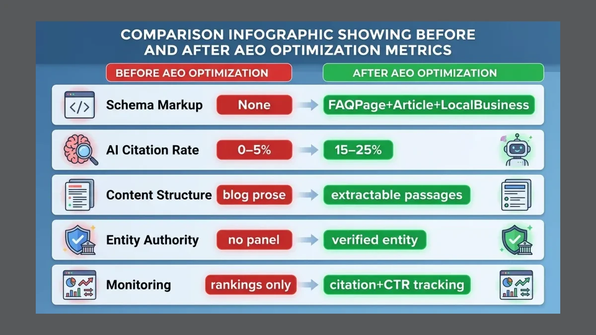 Infographic: Before and after AEO comparison showing schema, citation rate, content structure, entity authority, and monitoring metrics