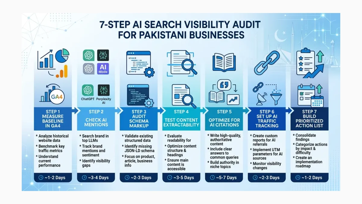 Infographic: 7-step AI search visibility audit flowchart for Pakistani businesses