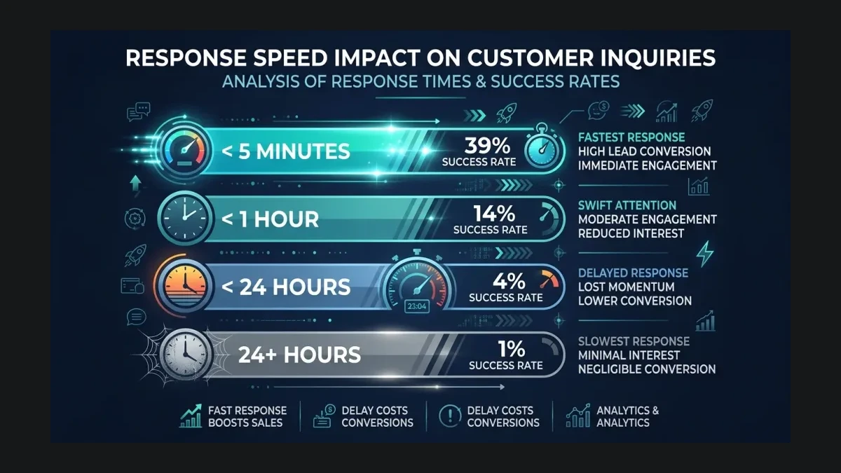 Infographic: Lead Conversion Rate by Response Time — Under 5 minutes yields 39% conversion vs 1% after 24 hours