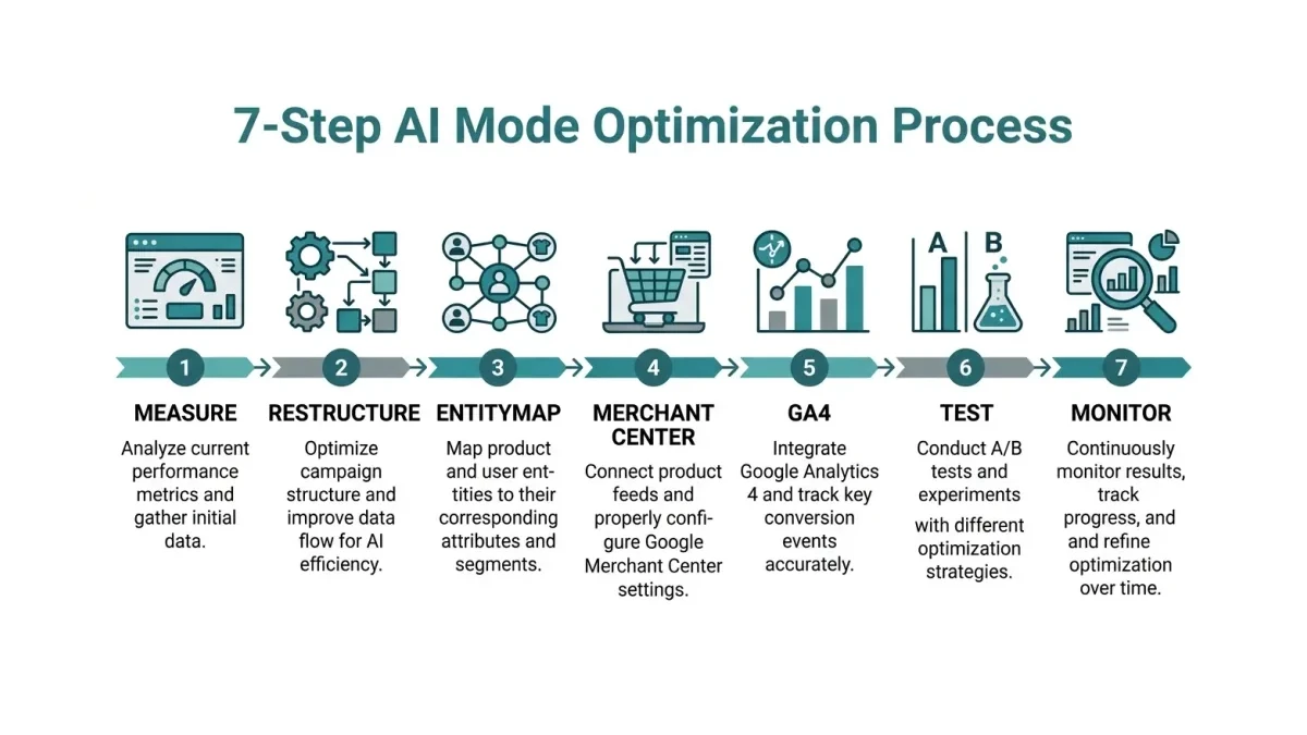 Infographic: AI Mode optimization process flow showing 7 sequential steps from measurement through monitoring