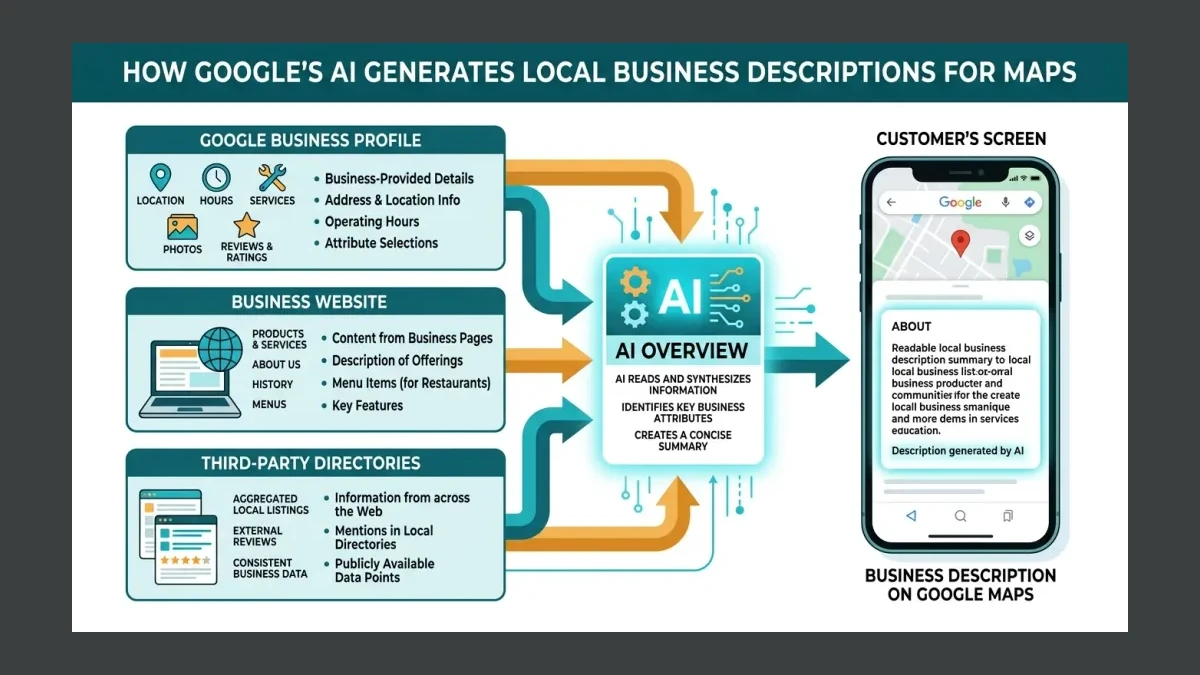 Infographic: The three sources Google's AI reads before writing a business description on Maps.