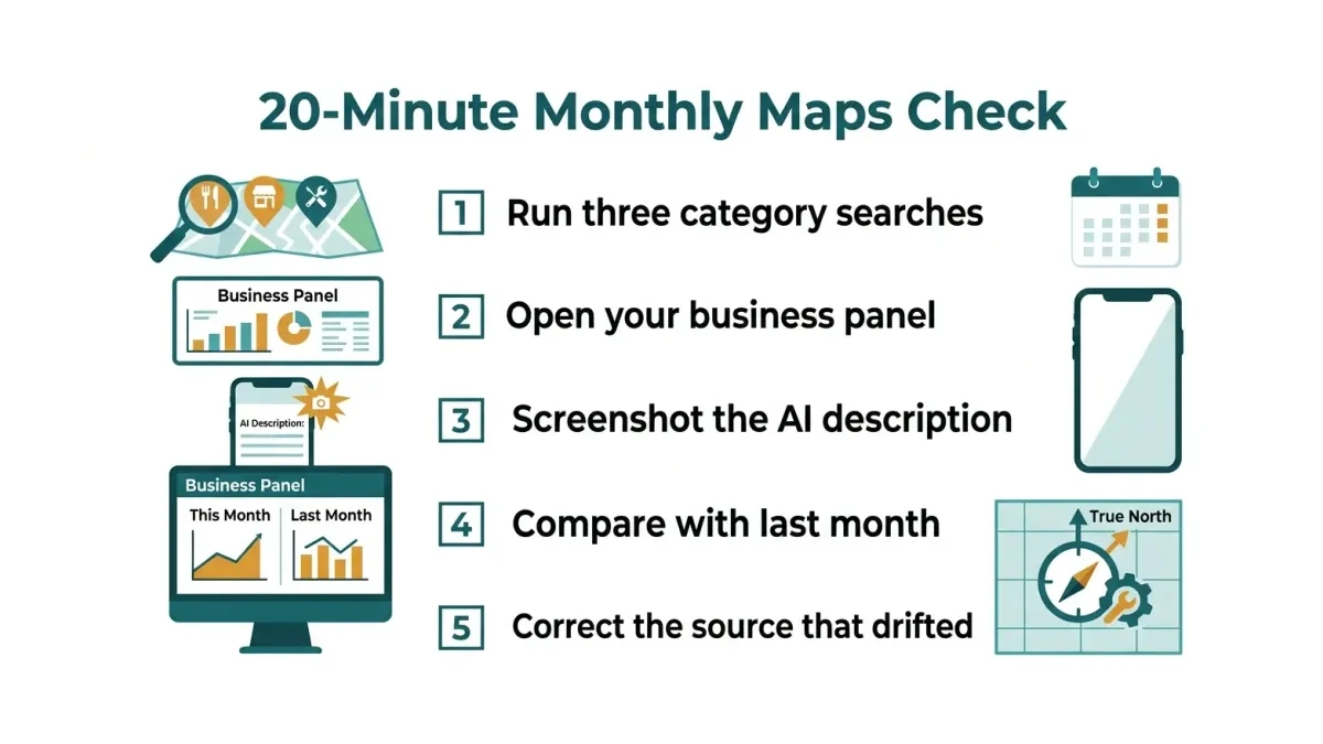 Infographic: A 20-minute monthly checklist for keeping a Maps AI description accurate.