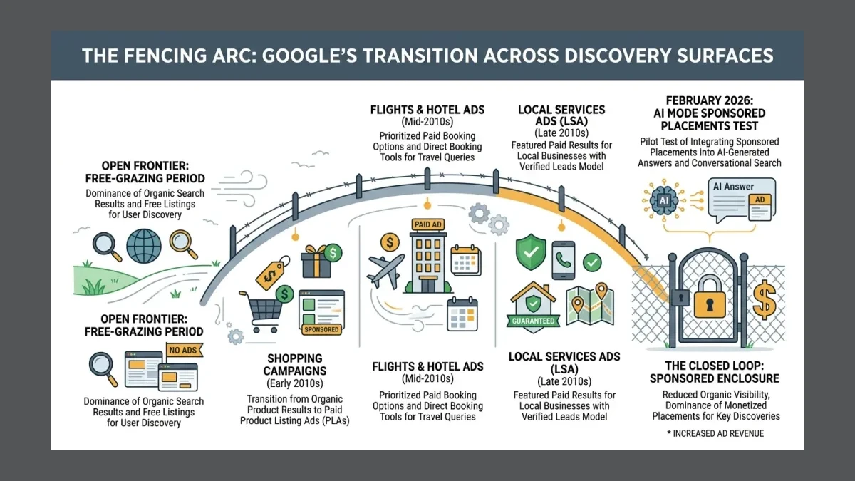 Infographic: Infographic showing Google's fencing arc across discovery surfaces over time, a timeline from free-grazing period to pai
