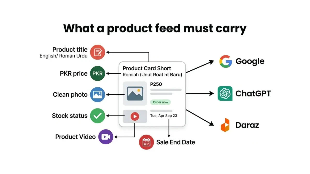 Infographic of the six attributes every product feed needs: title, price, photo, stock, video, and sale end date.