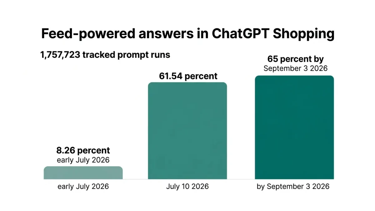 Infographic bar chart of feed-driven ChatGPT Shopping recommendations rising from 8.26 to 65 percent.