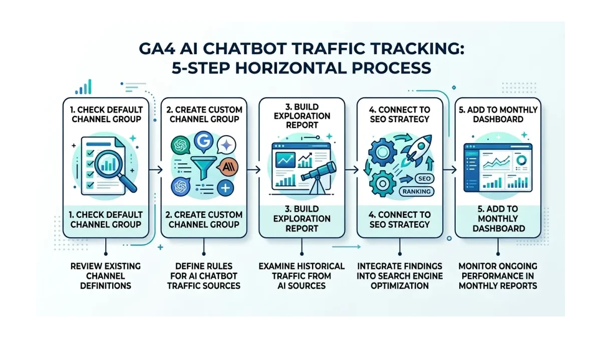 Infographic: GA4 AI chatbot traffic setup process showing five steps from channel group creation to monthly reporting dashboard
