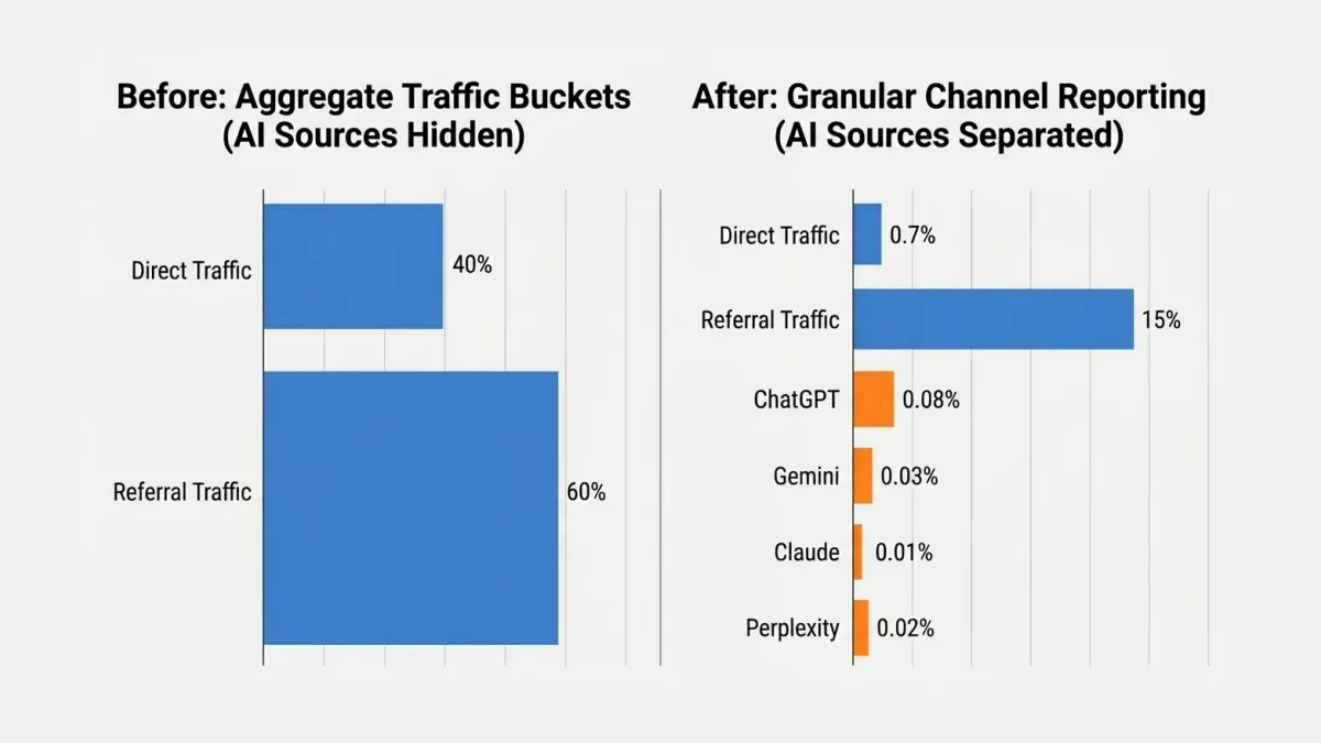 Infographic: Before and after comparison of GA4 traffic attribution showing AI chatbot sources separated from Direct traffic