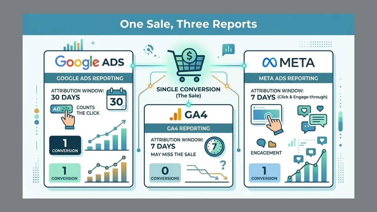 Infographic: One sale counted three ways by Google Ads, GA4, and Meta attribution windows.