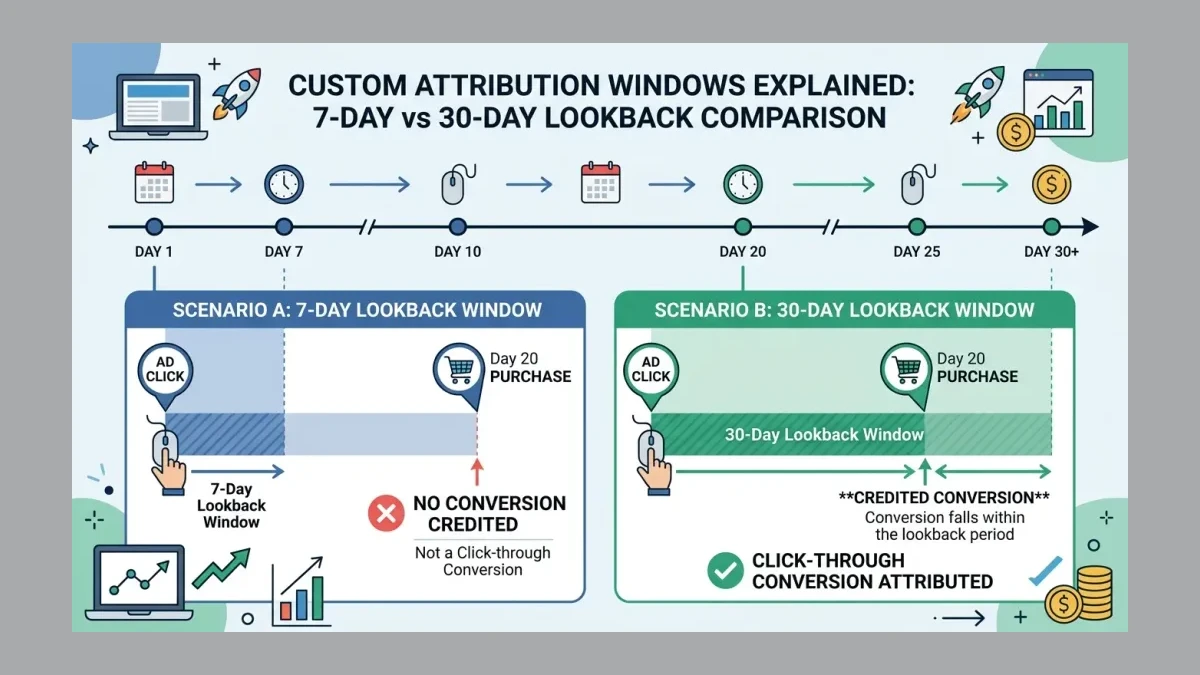 Infographic: How a custom attribution window works - ad click, lookback period, and credited conversion timeline.