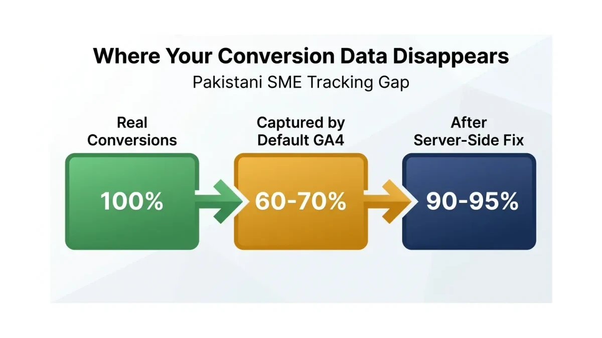 Infographic: Infographic showing the conversion data gap flow. Three connected stages: Stage 1 'Real Conversions' showing 100% in gre