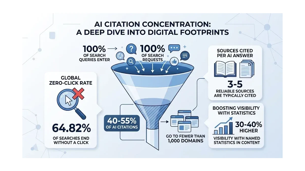Infographic: Infographic showing AI citation concentration: a funnel visualization where 100% of search queries enter the top, narrow