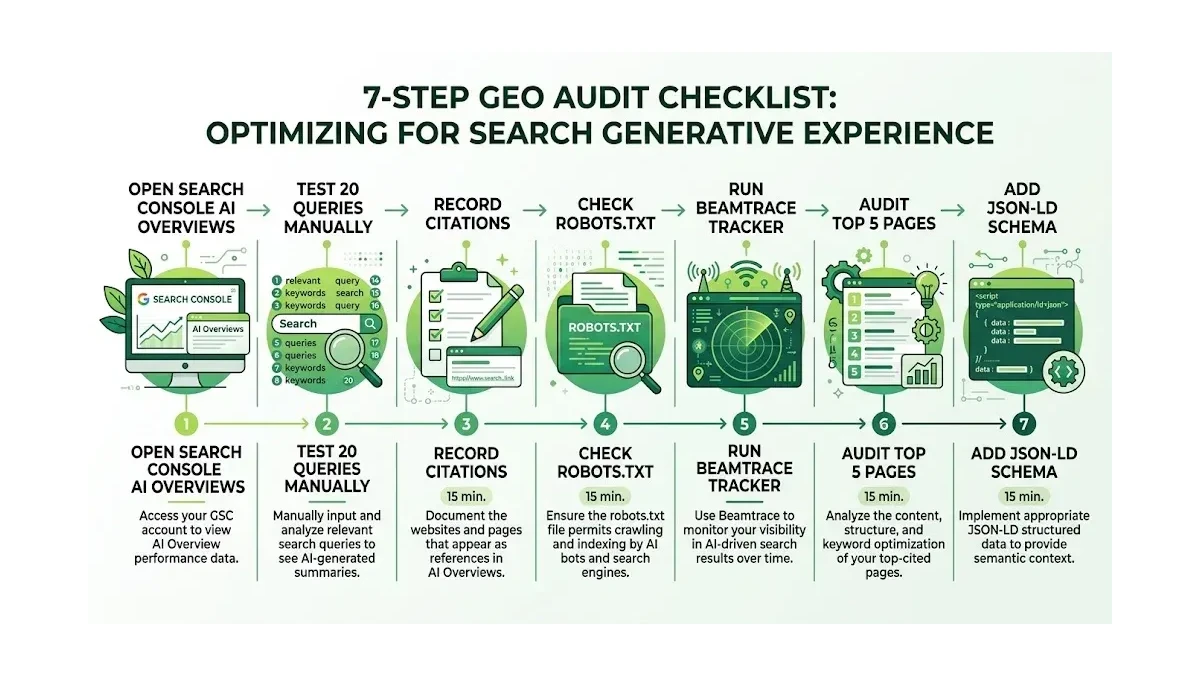 Infographic: Infographic showing the 7-step GEO audit checklist as a horizontal process flow: (1) Open Search Console AI Overviews, (