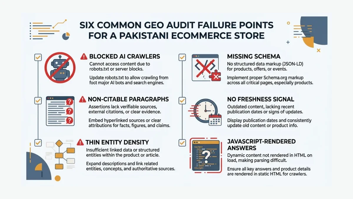 Infographic: Six failure points a GEO audit finds in a Pakistani ecommerce store — blocked AI crawlers, non-citable paragraphs, thin entity density, missing schema, no freshness signal, JavaScript-rendered answers