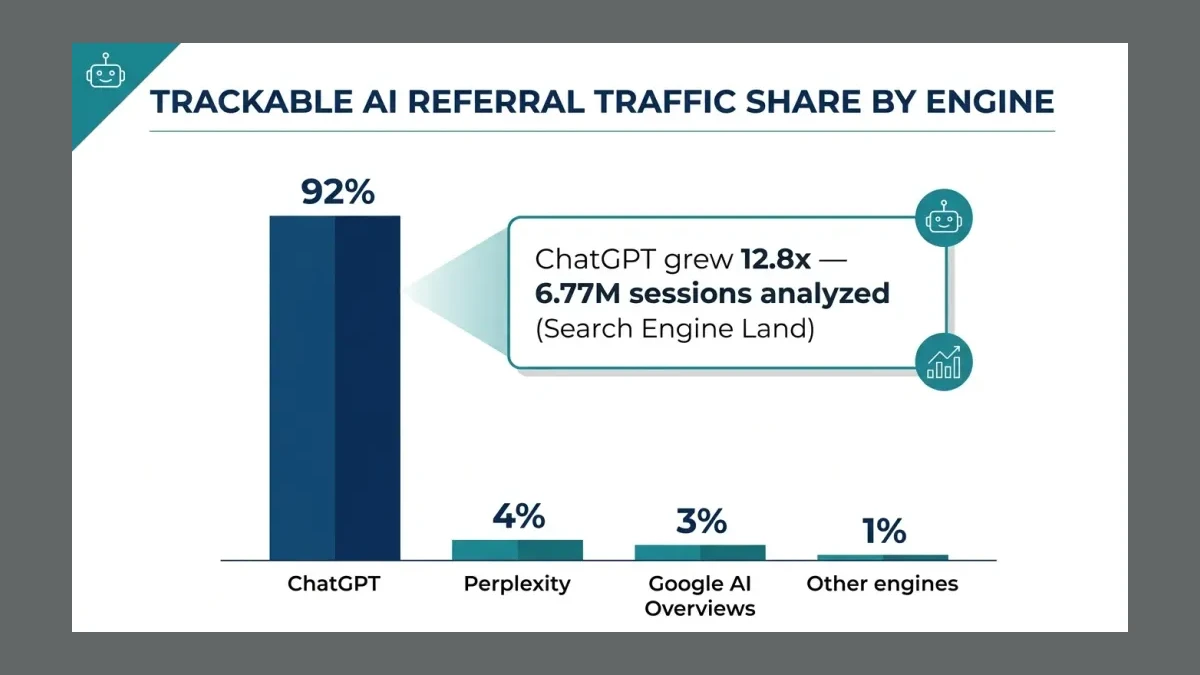 Infographic: Trackable AI referral traffic share by engine — ChatGPT 92%, Perplexity 4%, Google AI Overviews 3%, Other 1%