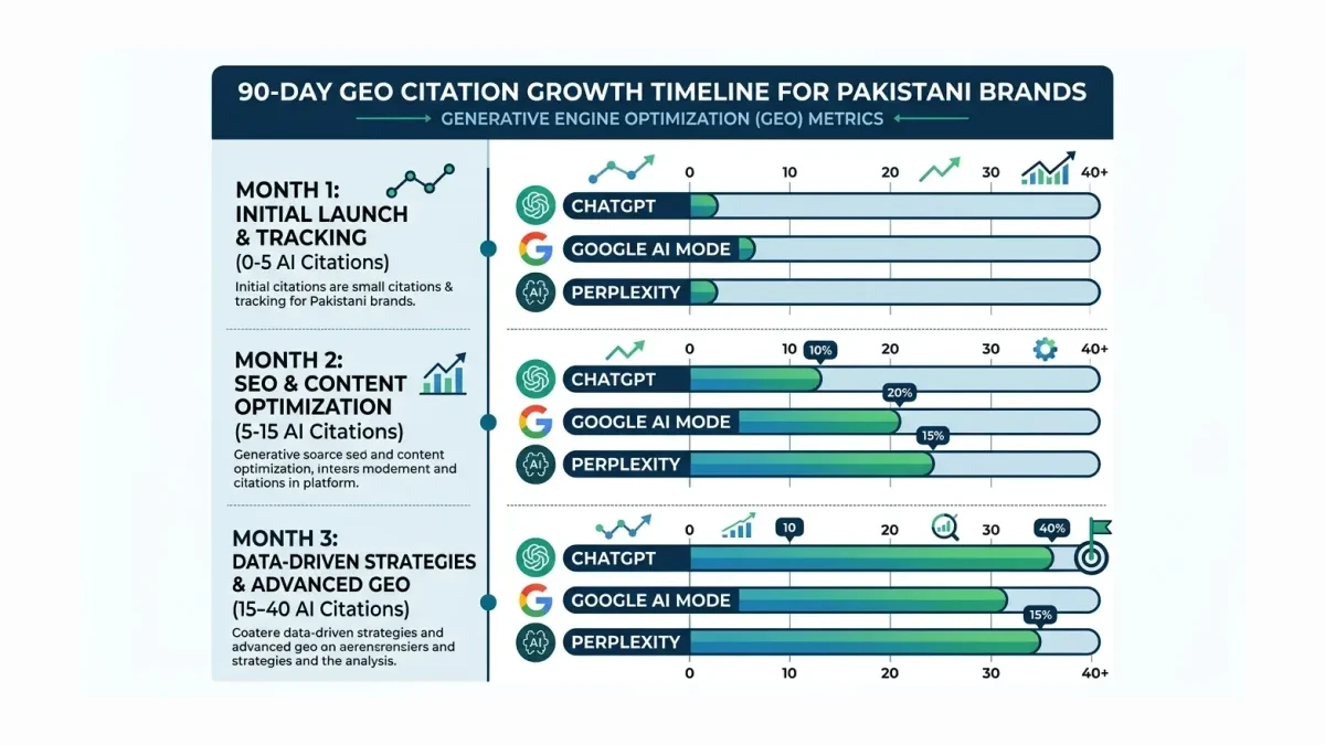 Infographic: GEO citation growth timeline showing brand visibility increase across ChatGPT, Google AI Mode, and Perplexity over 90 days