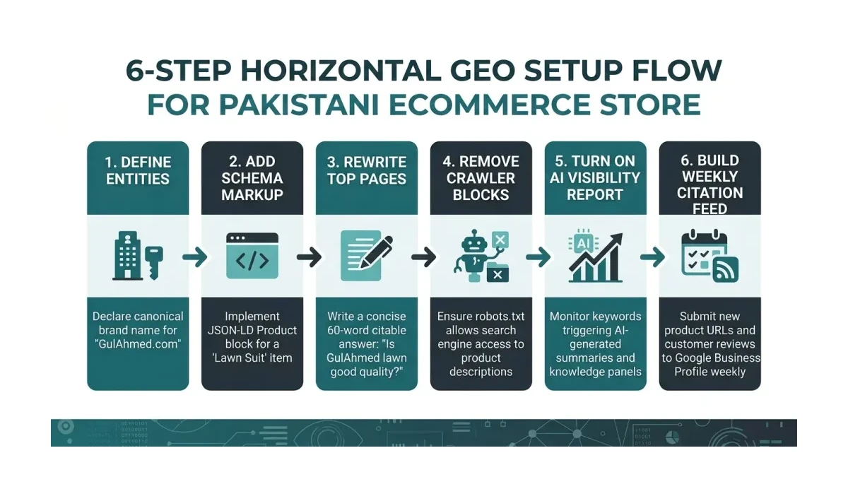 Infographic: GEO setup six-step flow from entity definition to a weekly citation feed, with Pakistani ecommerce examples at each step