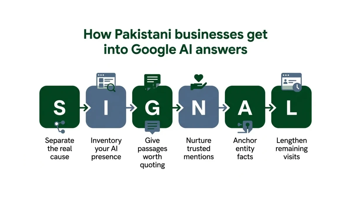 Infographic: The SIGNAL framework shown as six connected steps for earning a place inside Google AI answers