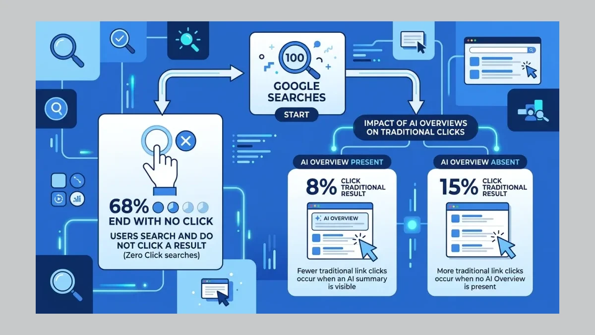 Infographic: Of 100 Google searches, 68 now end without a click, and AI Overviews cut traditional clicks nearly in half