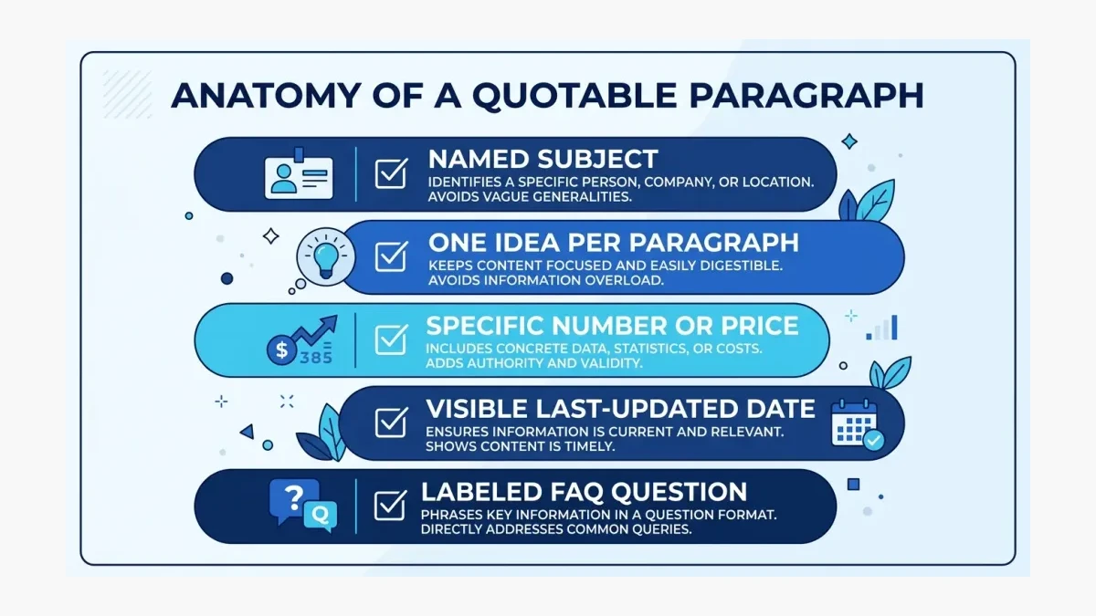 Infographic: Anatomy of a paragraph AI engines can quote - named subject, one idea, a number, and a date