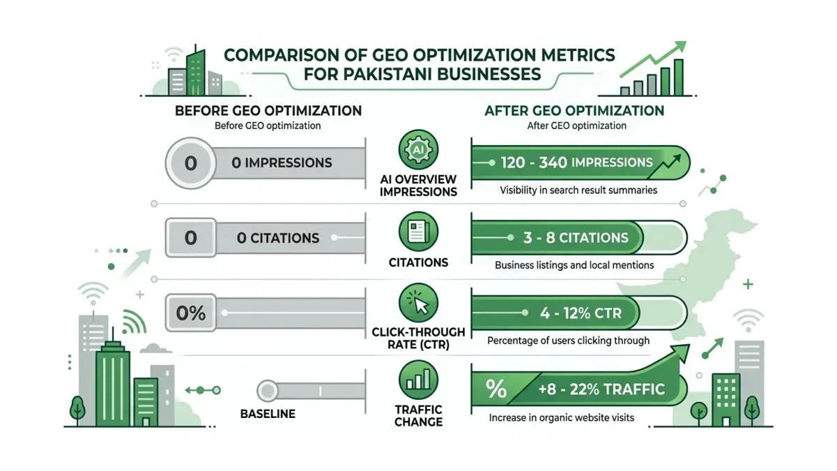 Infographic: Comparison infographic showing before and after GEO optimization metrics for Pakistani businesses: AI Overview impressio