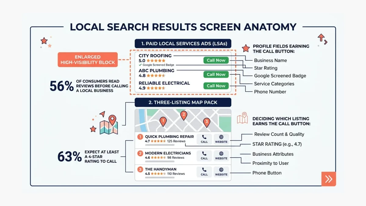 Infographic: a Google search screen for a local service showing enlarged paid Local Services Ads at the top, the three-listing map pack below, and which profile fields decide which listing earns the call