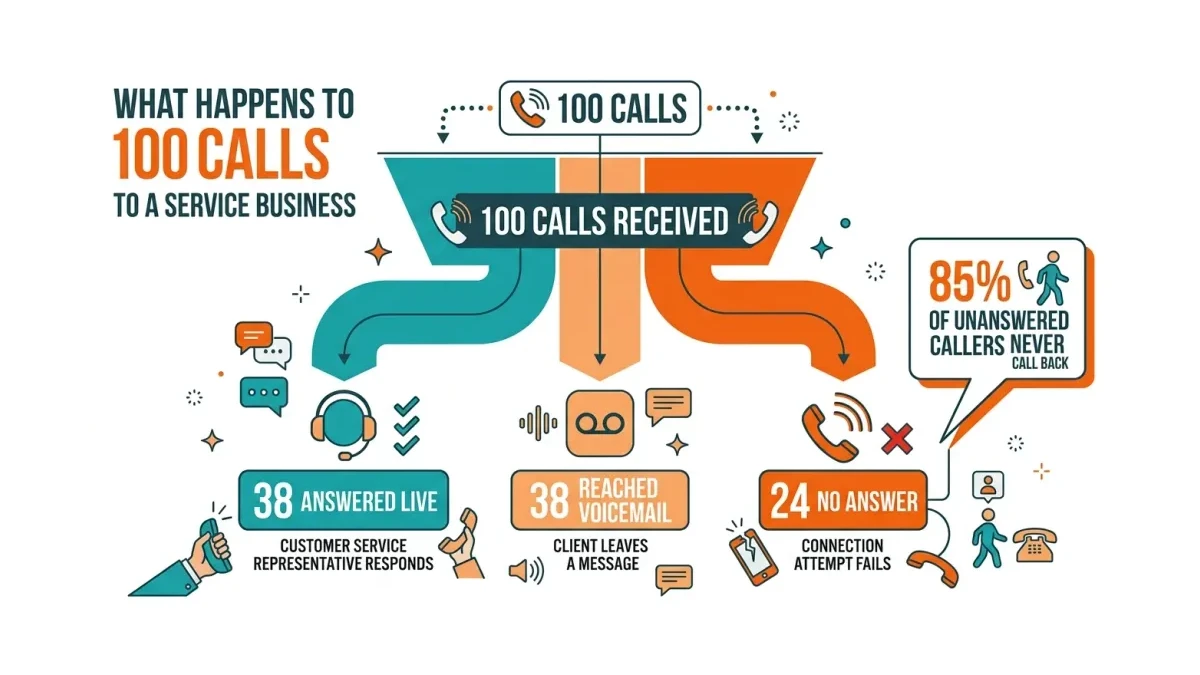Infographic: Funnel chart showing 100 calls to a service business splitting into answered, voicemail, and unanswered outcomes.