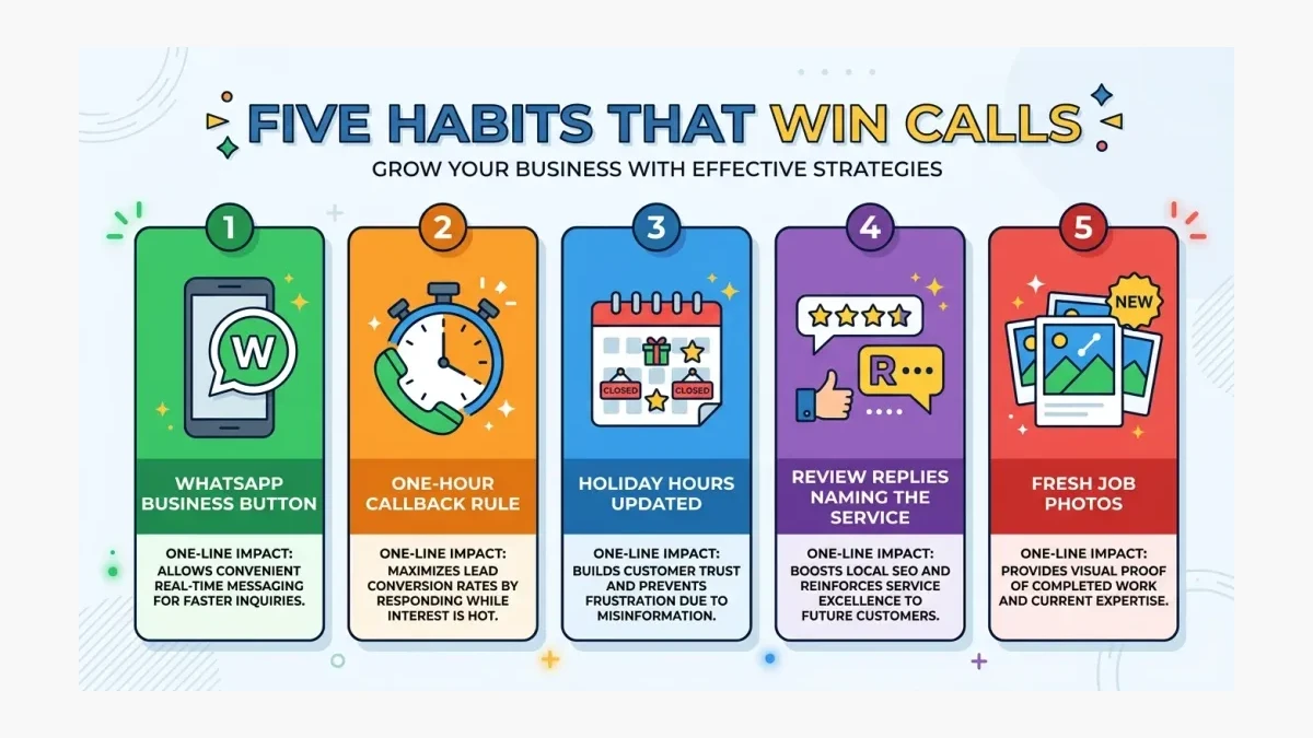 Infographic: Checklist graphic of five call-winning habits: WhatsApp button, one-hour callback, holiday hours, named review replies, and fresh photos.