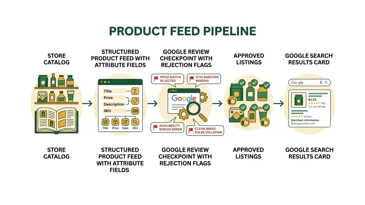 Infographic: The product feed pipeline from store catalog to Google search results, with review checkpoints and rejection reasons labeled.