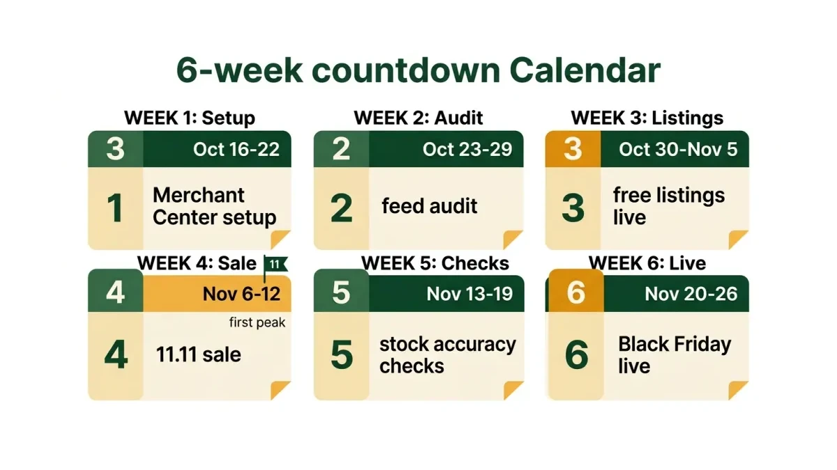 Infographic: A six-week Black Friday countdown calendar starting mid-September with Merchant Center setup and ending November 27 with a fully warmed feed.