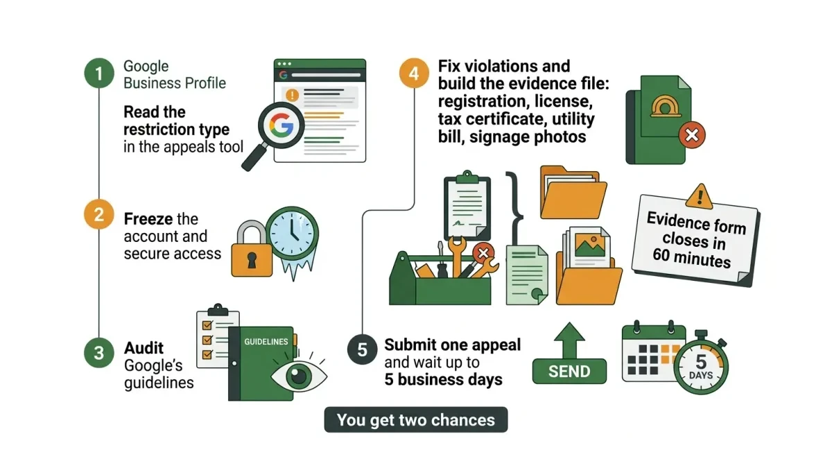 Infographic: The five-stage Google Business Profile reinstatement path from diagnosis to recovery