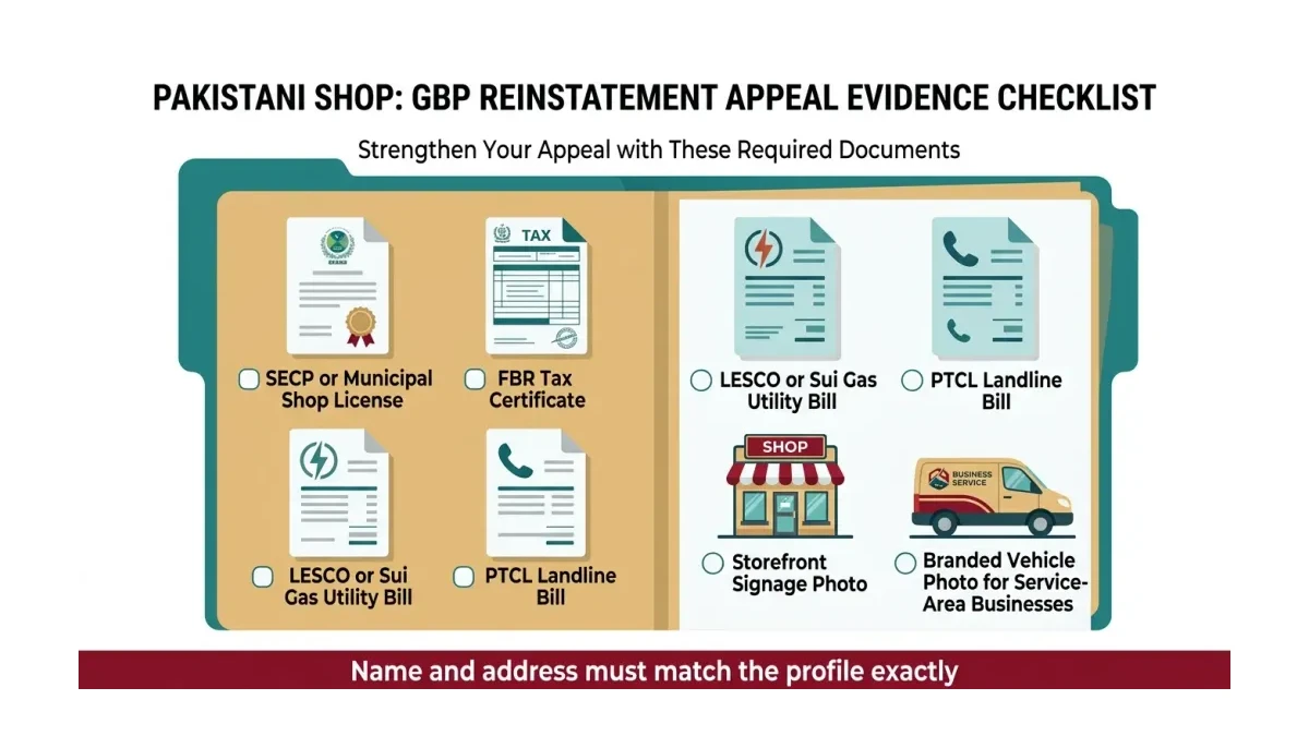Infographic: Checklist of evidence documents that strengthen a Google Business Profile reinstatement appeal for a Pakista