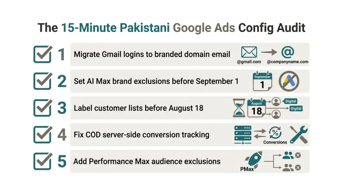 Infographic: the 15-minute Pakistani Google Ads config audit checklist