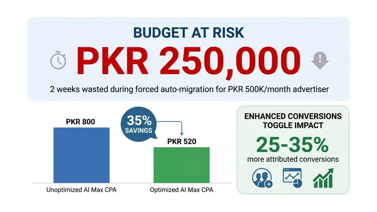 Infographic: Infographic showing cost impact dashboard for Pakistani advertisers: Top section 'Budget at Risk' with large red number 