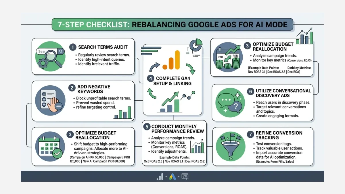 Infographic: Infographic showing 7-step checklist for rebalancing Google Ads for AI Mode. Numbered steps with icons: search terms aud