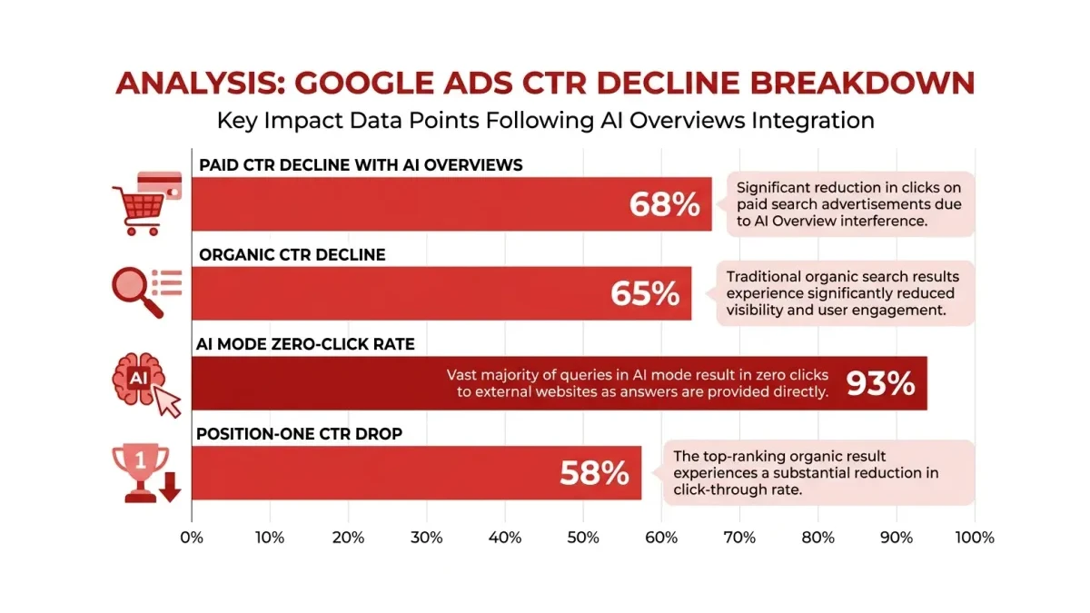 Infographic: Infographic showing Google Ads CTR decline breakdown: 68% paid CTR decline with AI Overviews, 65% organic CTR decline, 9