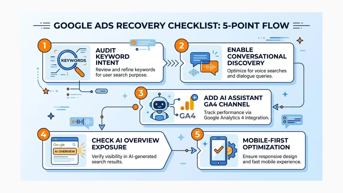 Infographic: Infographic showing the 5-point Google Ads recovery checklist as a numbered flow: 1 Audit keyword intent, 2 Enable Conve